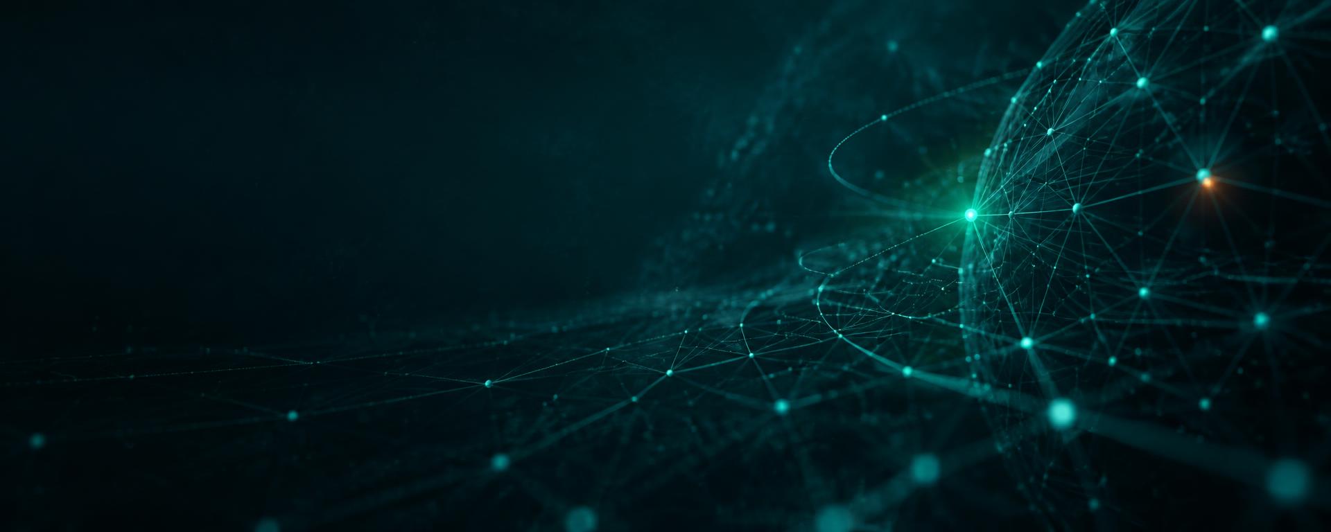 Abstract three-dimensional network of glowing teal nodes and connection lines