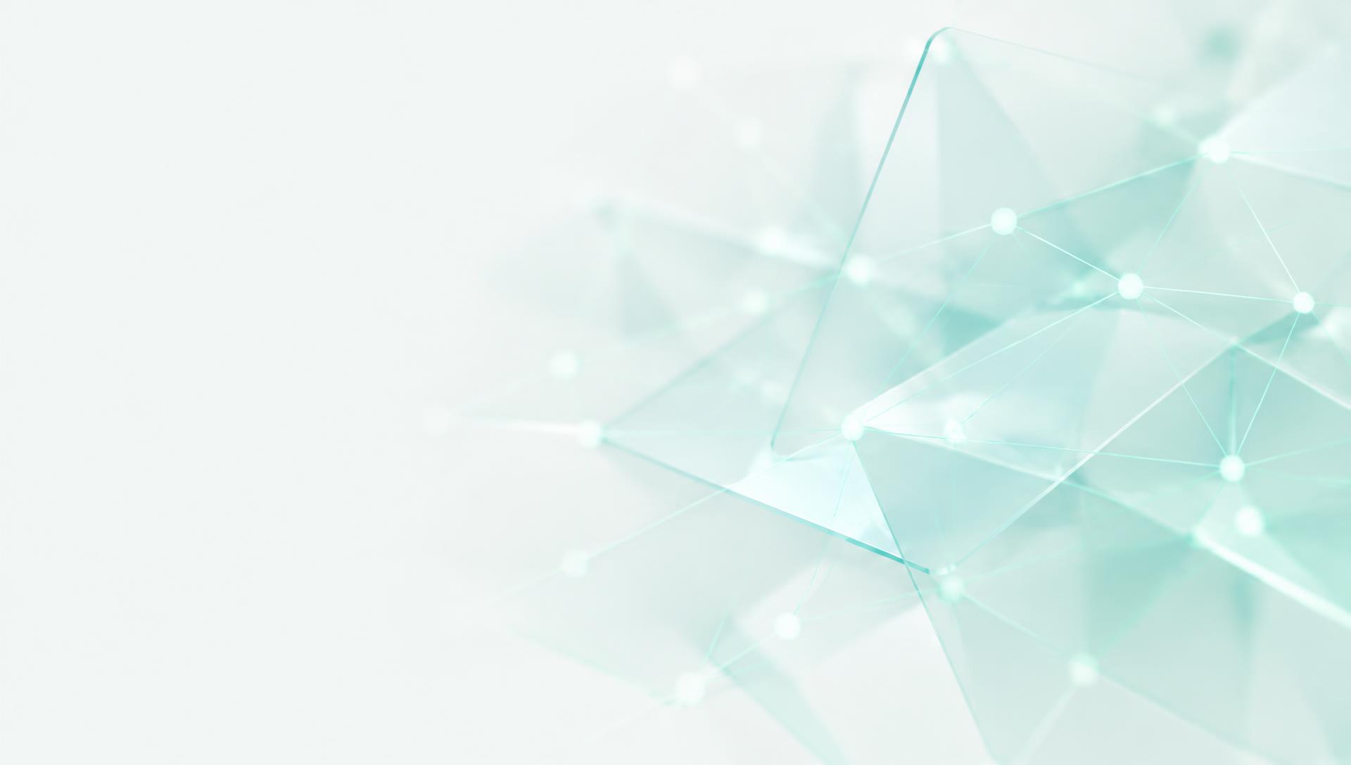Abstract translucent teal glass planes with a glowing network of nodes and connection lines